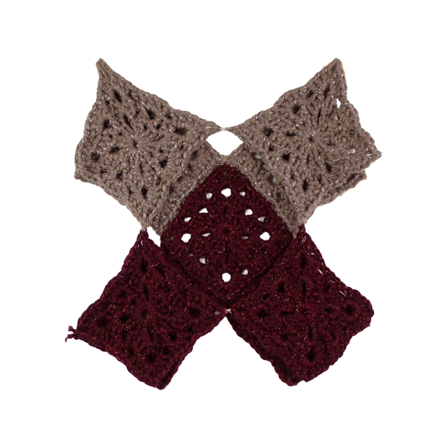 Top crochet patchwork upcyclé — construction géométrique bordeaux & taupe | Noussom