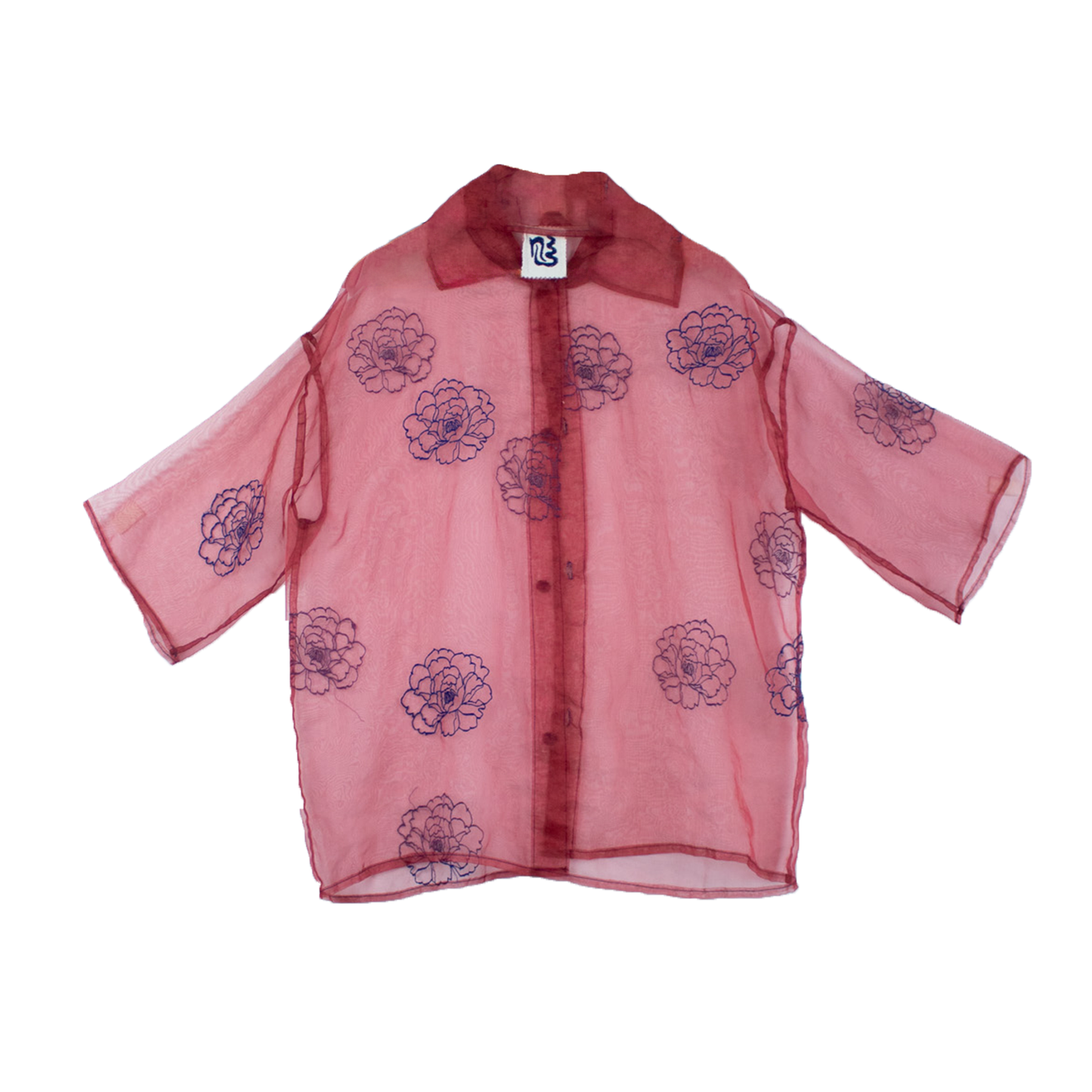 Chemise organza rouge brodée upcyclée — transparence florale | Noussom