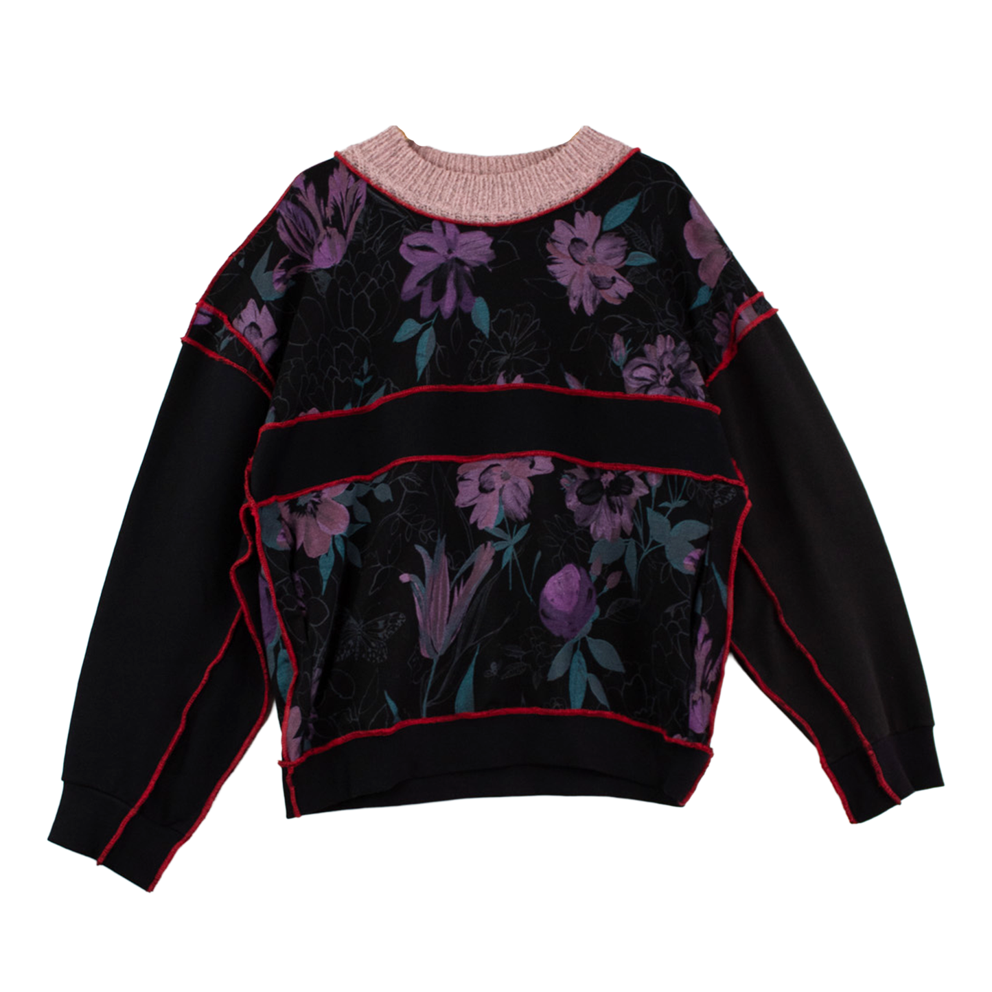 Sweat patchwork upcyclé fleuri noir — pièce unique couture apparente | Noussom