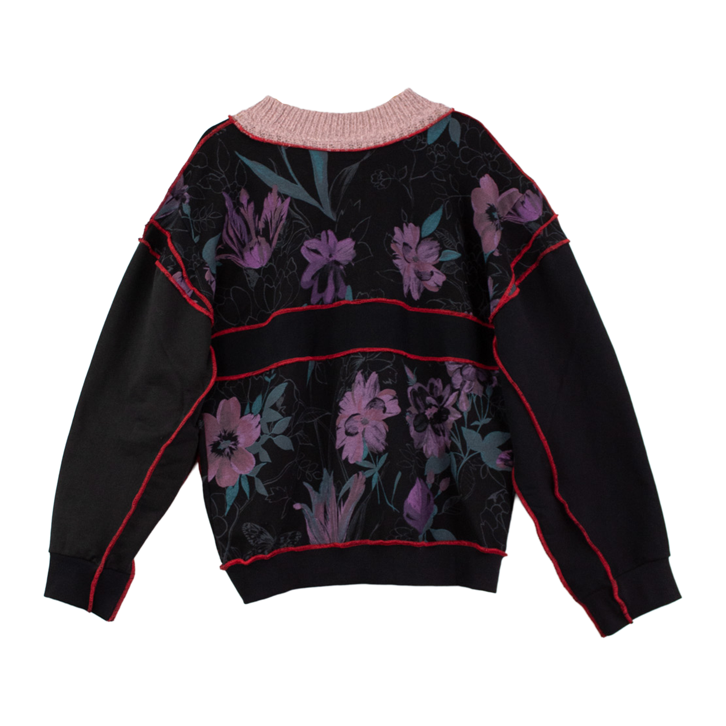 Sweat patchwork upcyclé fleuri noir — pièce unique couture apparente | Noussom