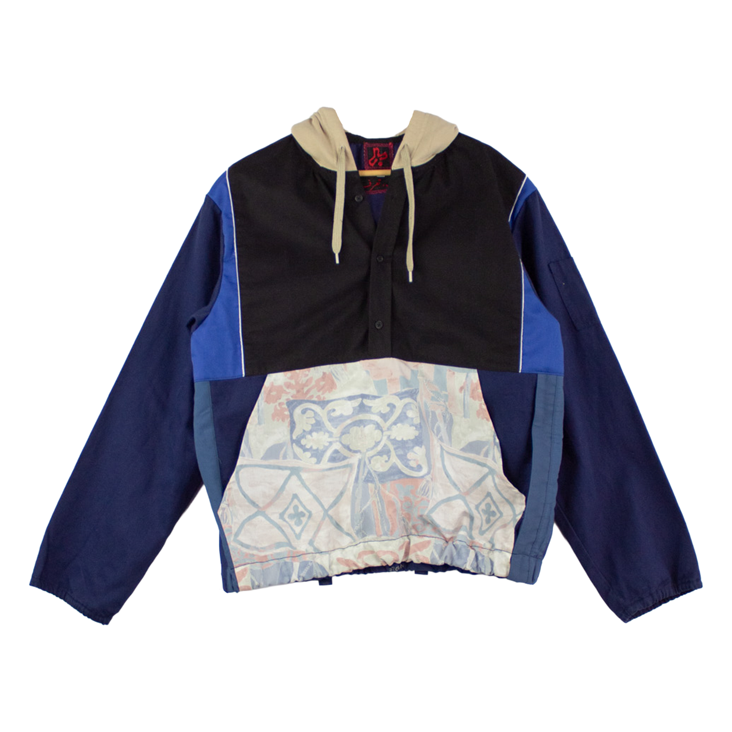 Veste hoodie patchwork upcyclée — marine, noir & textile imprimé | Noussom
