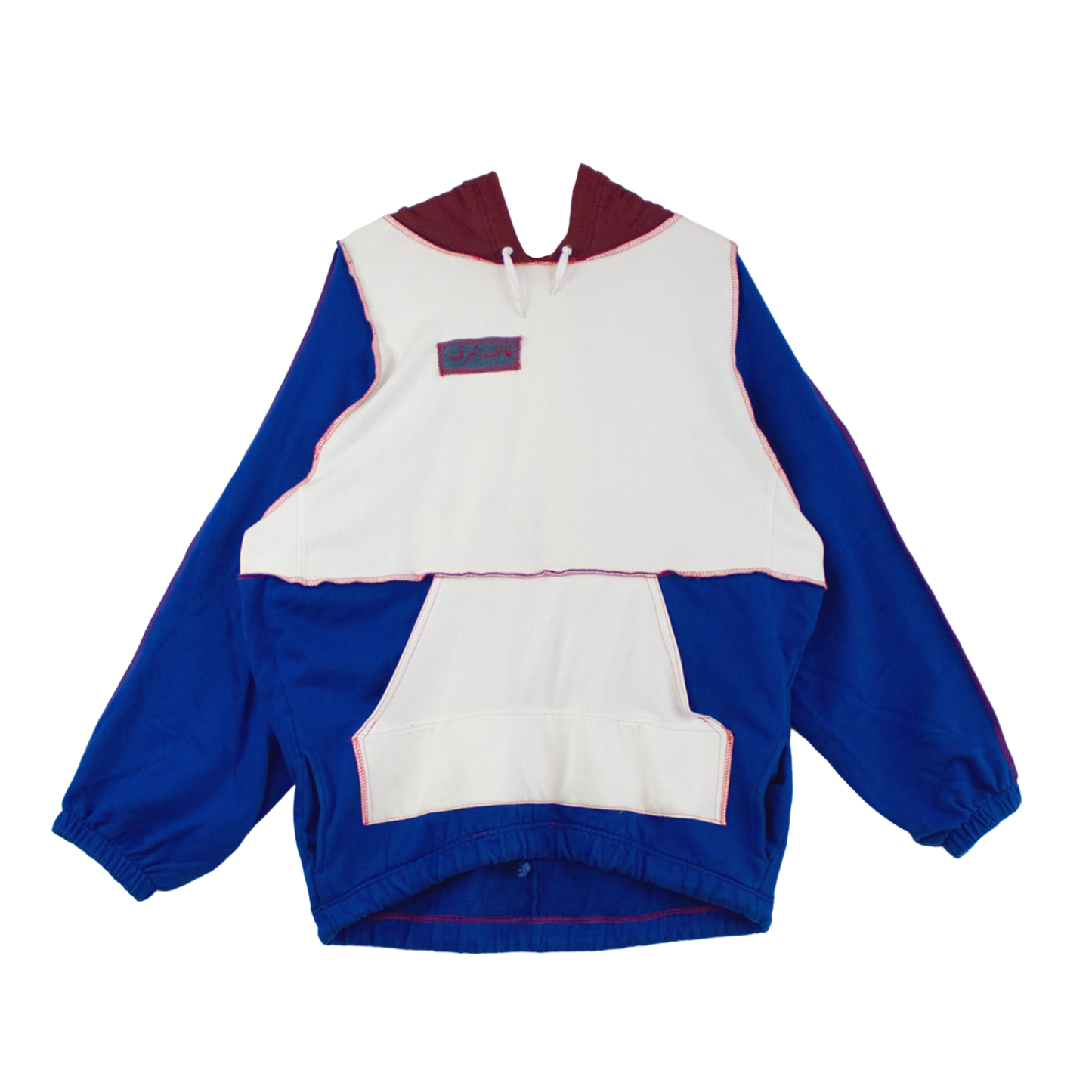 Sweat à capuche patchwork upcyclé — bleu, écru & bordeaux | Noussom