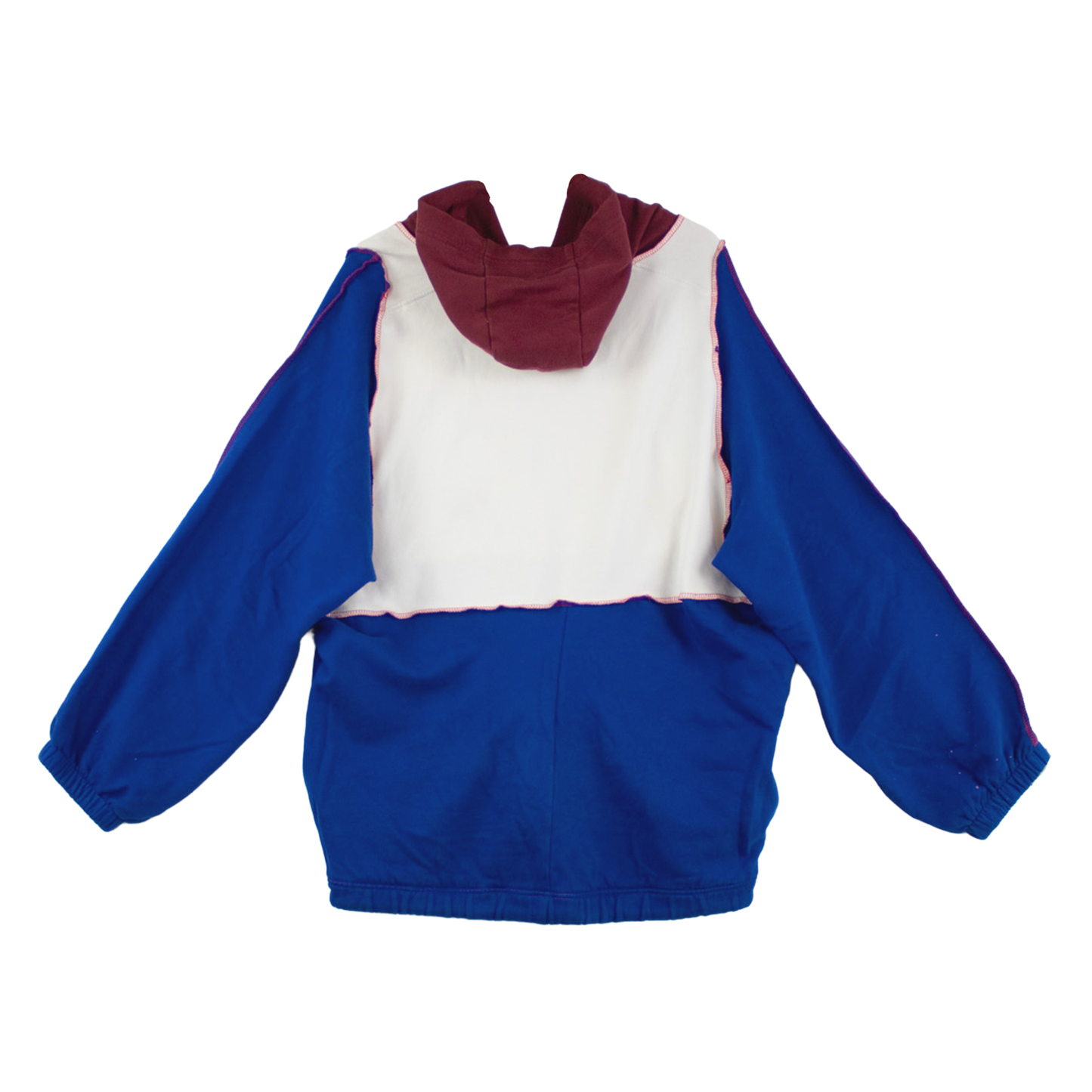 Sweat à capuche patchwork upcyclé — bleu, écru & bordeaux | Noussom
