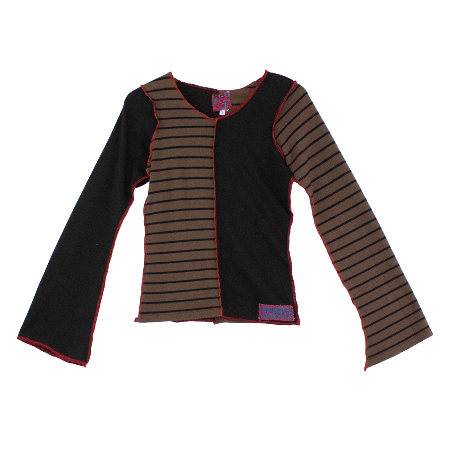 Top manches longues patchwork upcyclé — rayures kaki & noir | Noussom