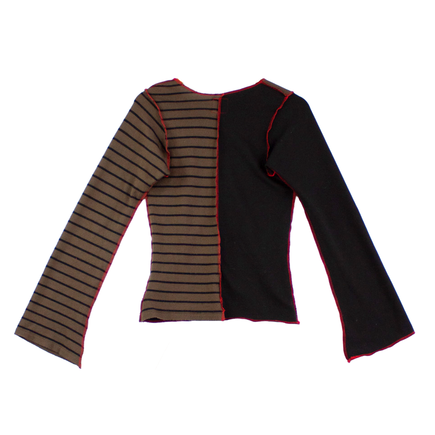 Top manches longues patchwork upcyclé — rayures kaki & noir | Noussom