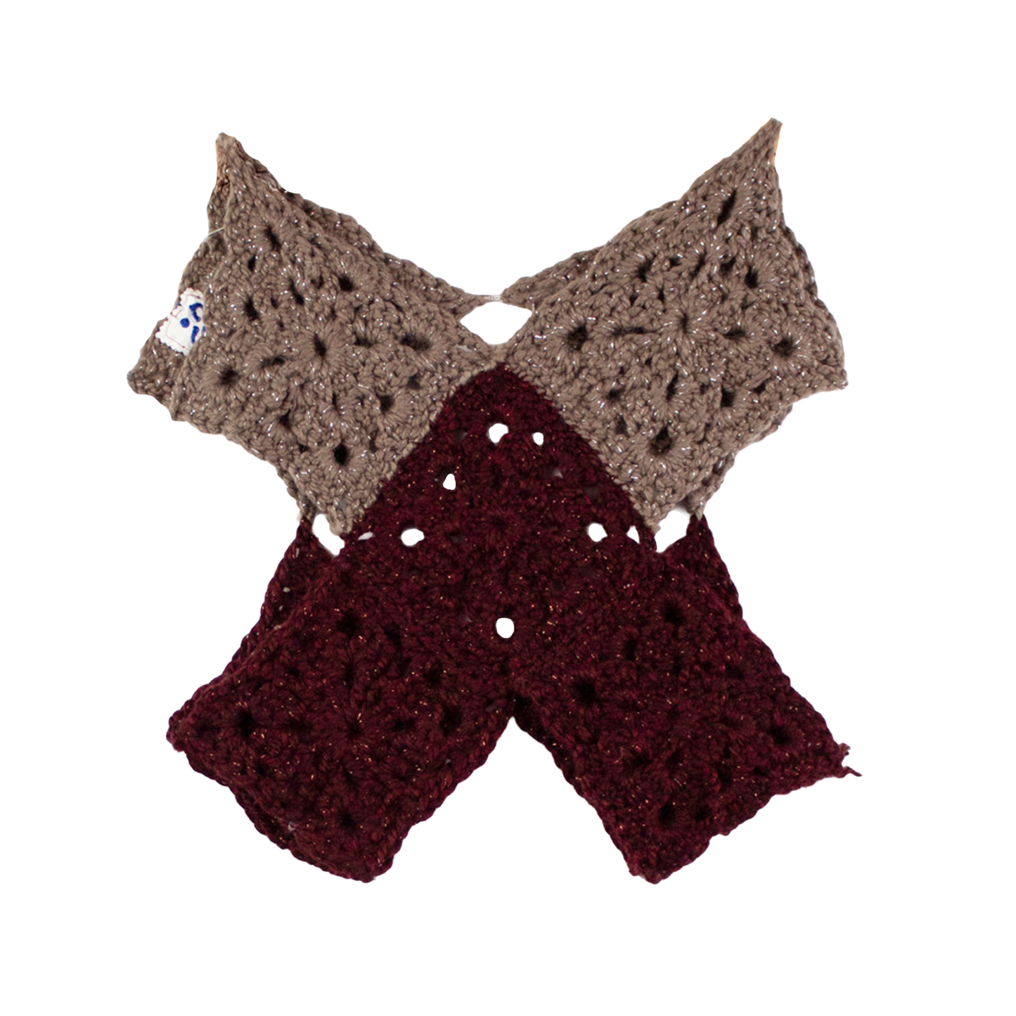 Top crochet patchwork upcyclé — construction géométrique bordeaux & taupe | Noussom