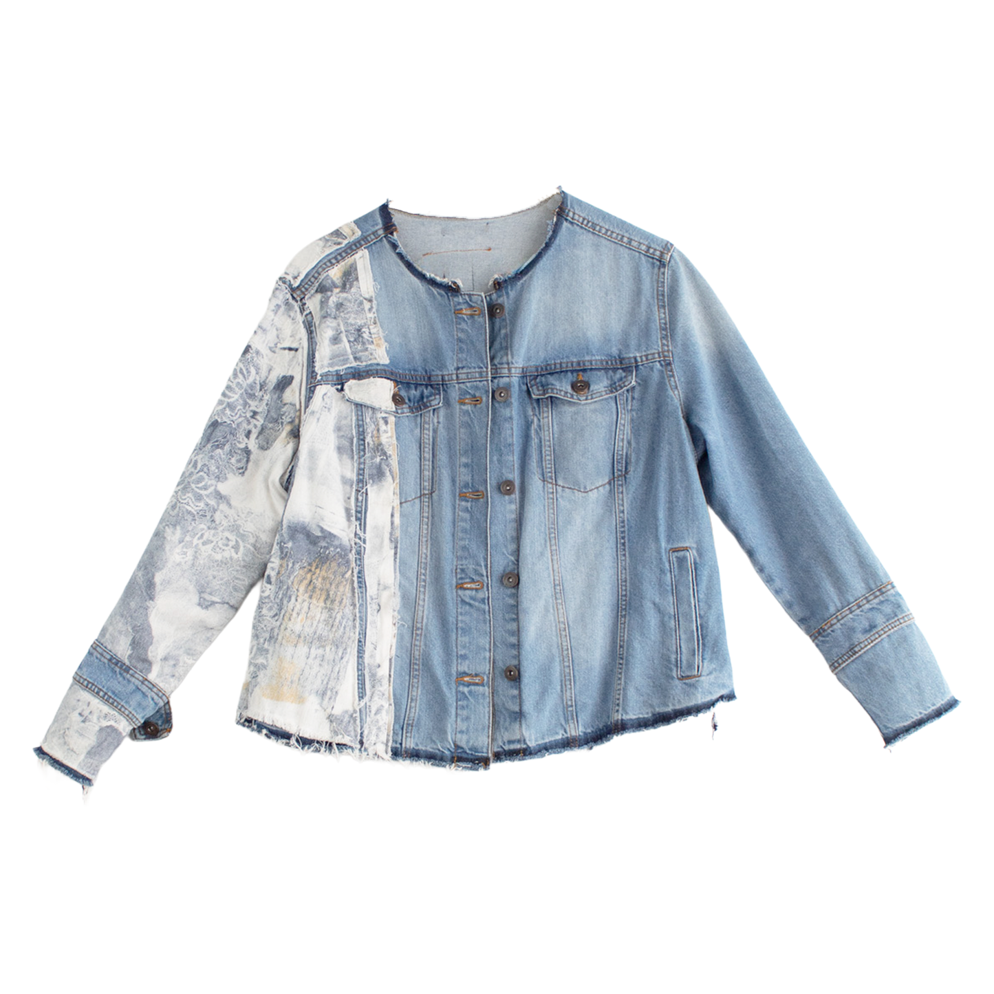 Veste en jean patchwork upcyclée — reconstruction textile asymétrique | Noussom