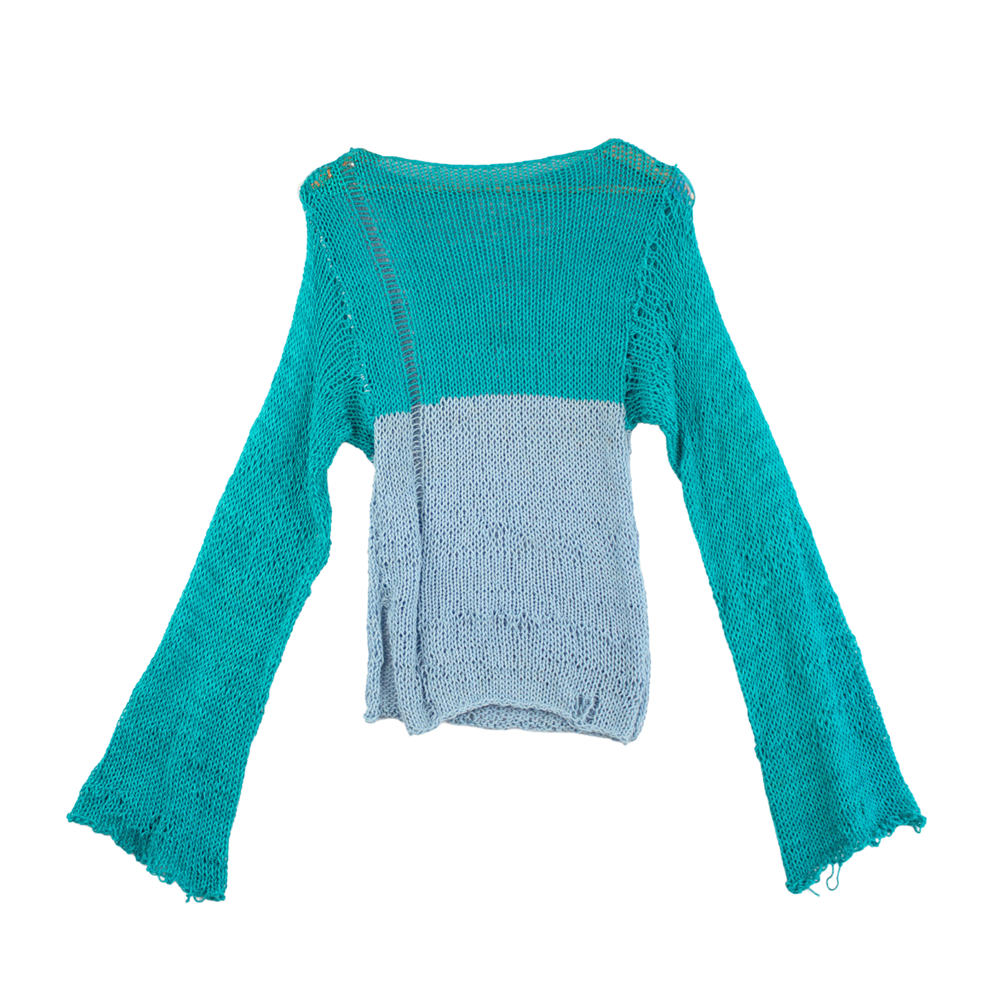 Pull patchwork en maille upcyclée vert & bleu — reconstruction textile | Noussom