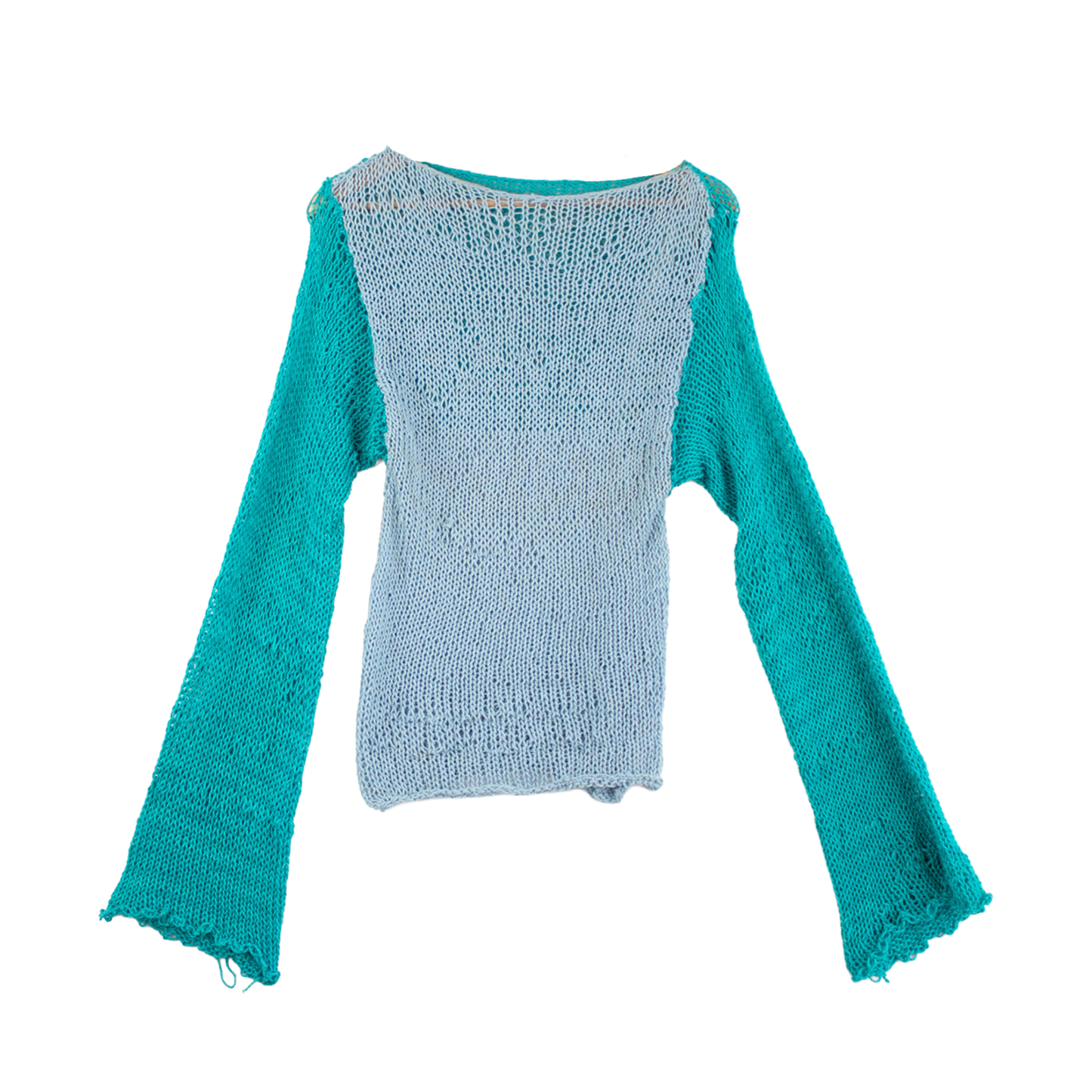 Pull patchwork en maille upcyclée vert & bleu — reconstruction textile | Noussom