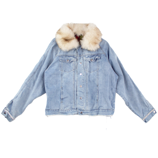 Veste en jean upcyclée col fausse fourrure — denim clair | Noussom