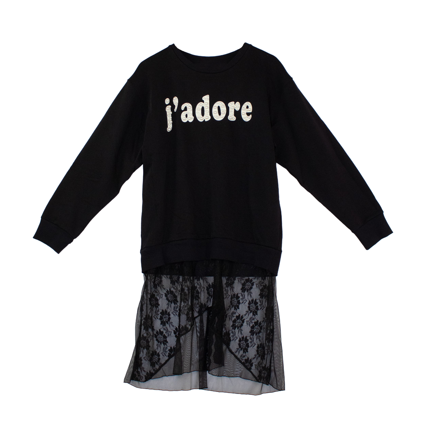 Sweat noir upcyclé « J’adore » — dentelle transparente | Noussom