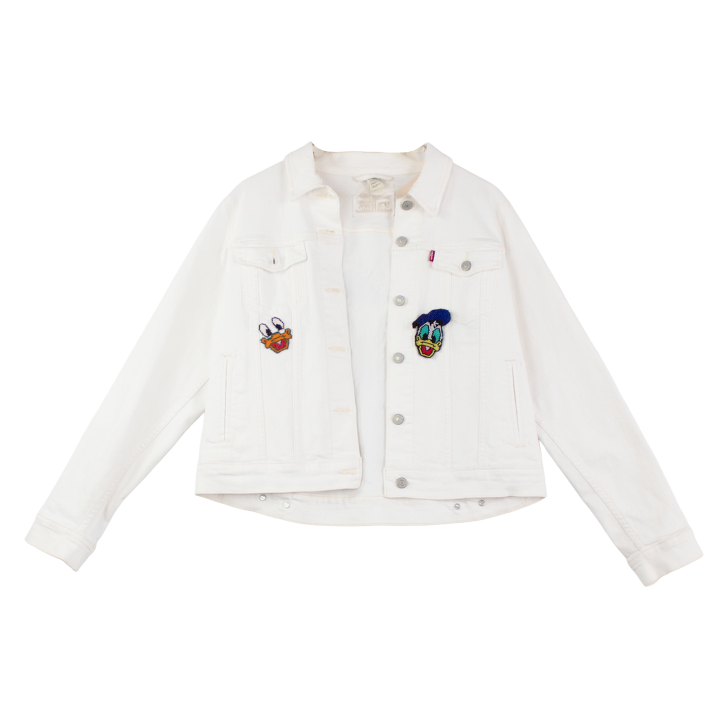 Veste blanche upcyclée brodée — illustration graphique & sequins | Noussom