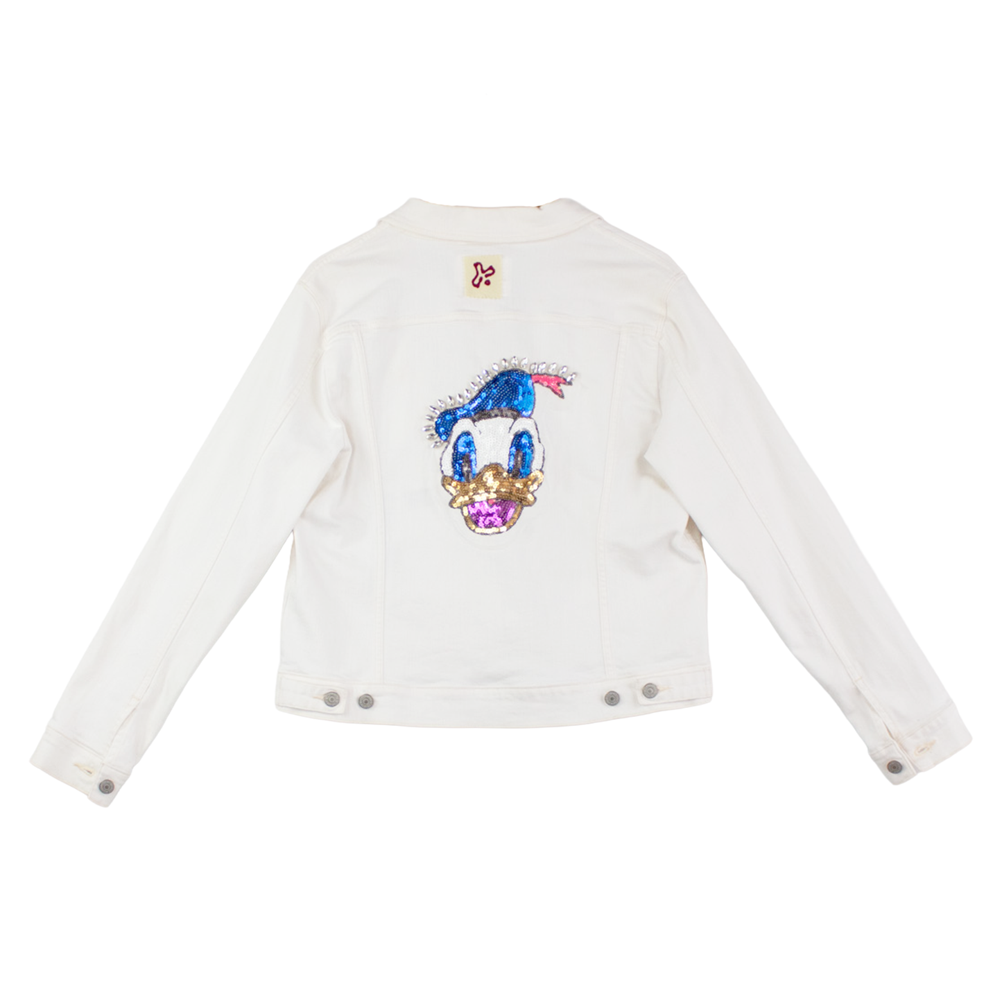 Veste blanche upcyclée brodée — illustration graphique & sequins | Noussom