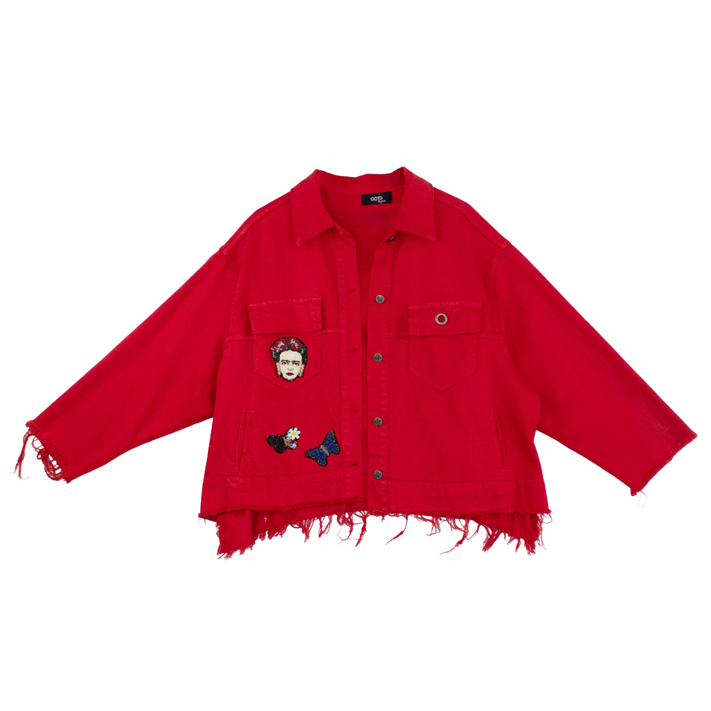 Veste rouge upcyclée brodée — patchs graphiques & bords francs | Noussom