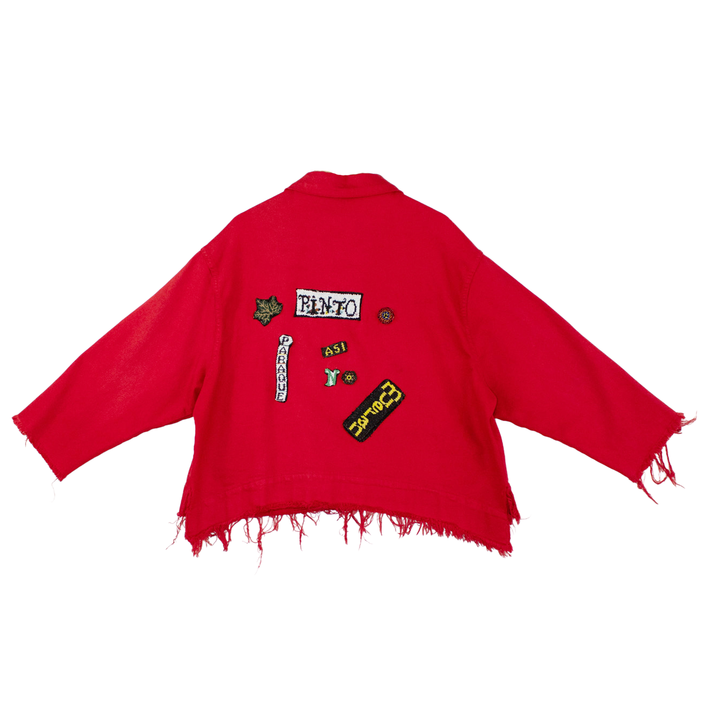 Veste rouge upcyclée brodée — patchs graphiques & bords francs | Noussom