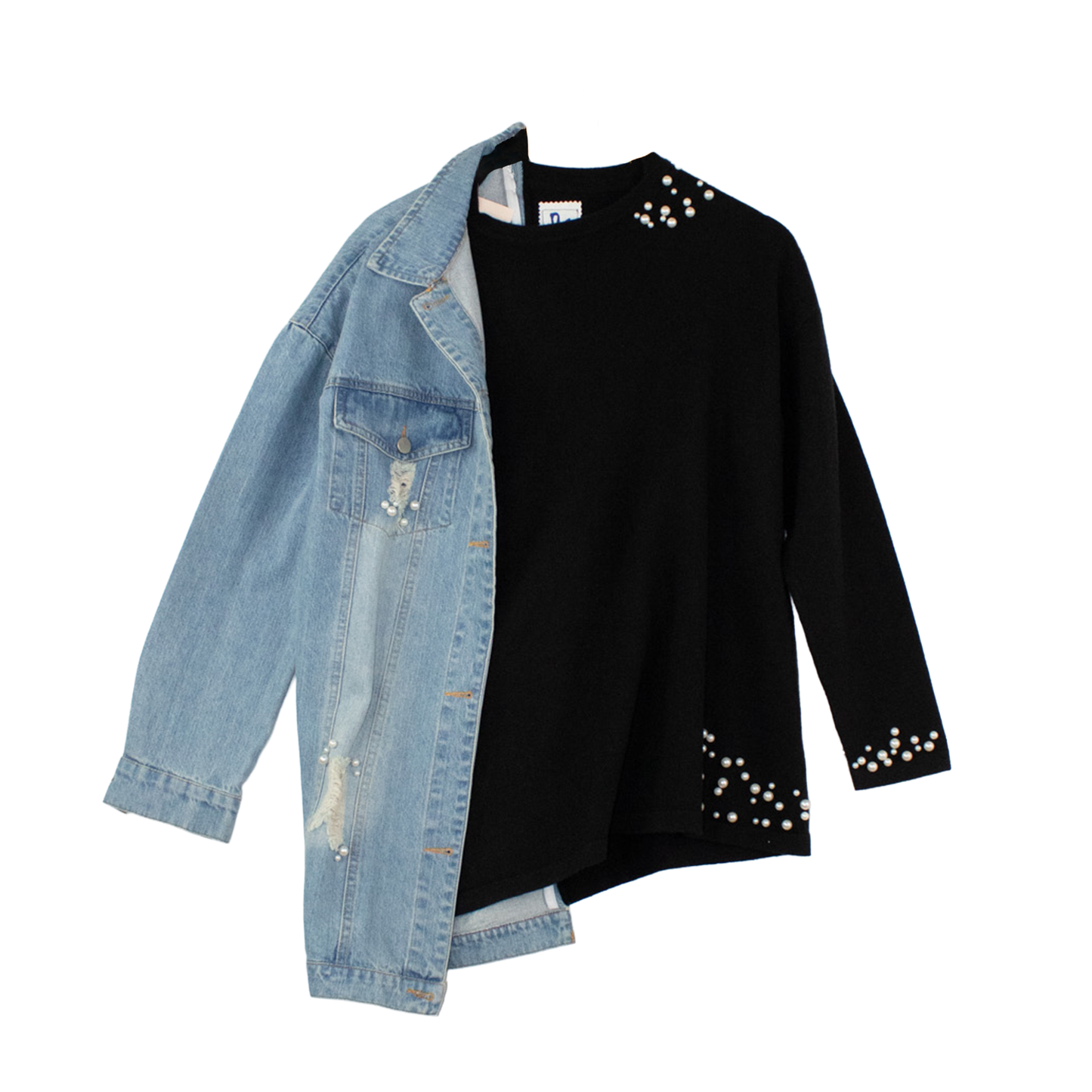 Veste hybride upcyclée denim & noir — perles | Noussom