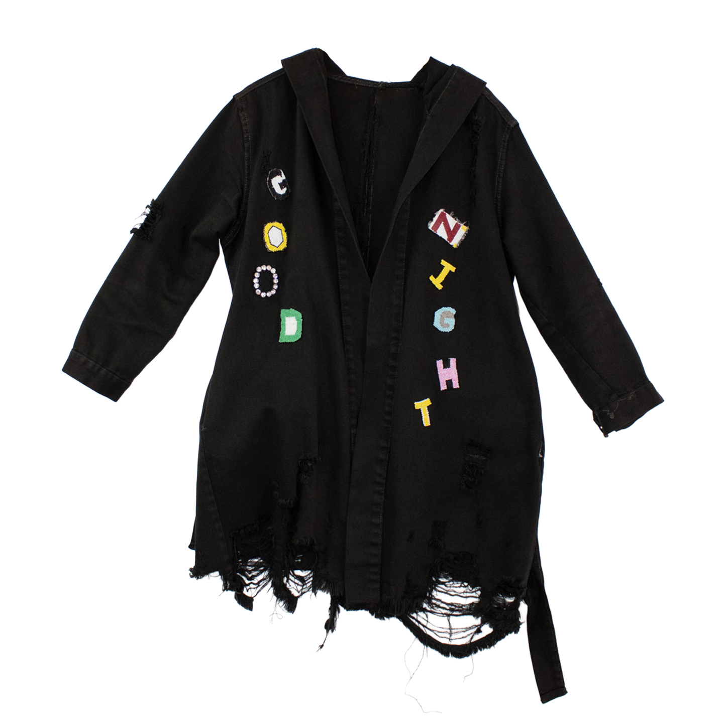 Veste noire upcyclée “Good Night” — patchwork brodé & denim reconstructif | Noussom