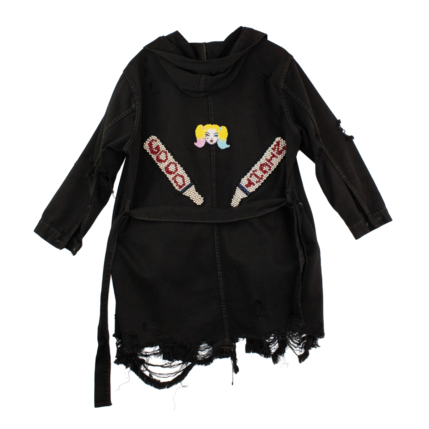 Veste noire upcyclée “Good Night” — patchwork brodé & denim reconstructif | Noussom