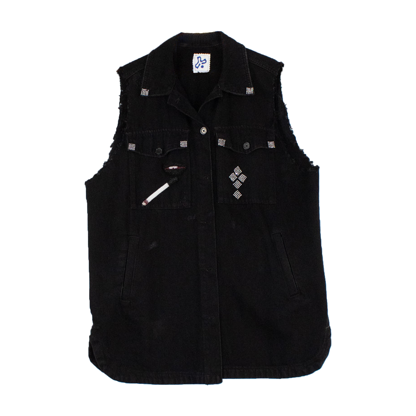 Veste sans manches noire upcyclée — reconstruction denim & détails graphiques | Noussom