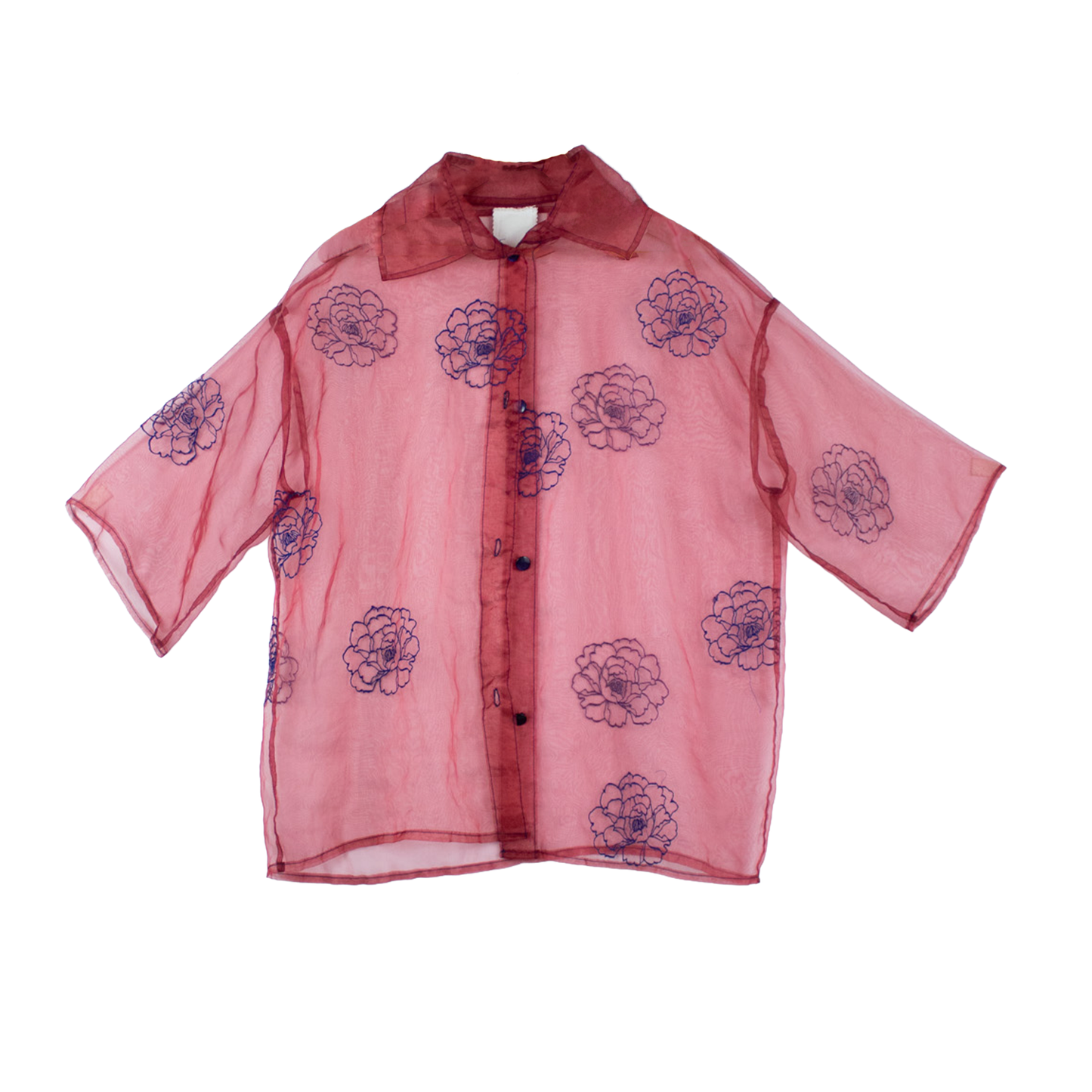 Chemise organza rouge brodée upcyclée — transparence florale | Noussom