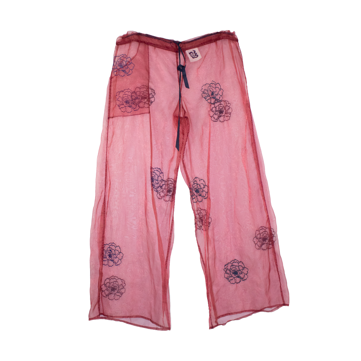 Pantalon organza rouge brodé upcyclé — transparence florale | Noussom