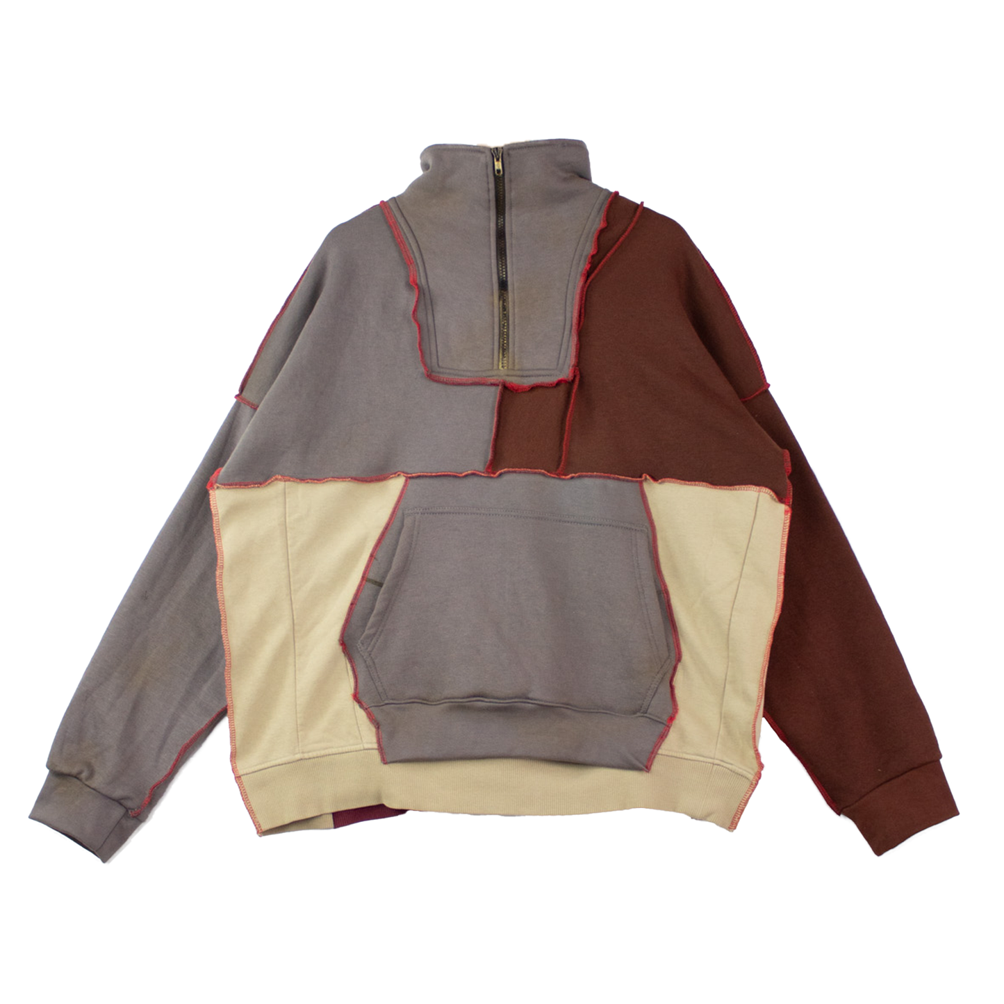 Sweat patchwork upcyclé col zippé — pièce unique coton recyclé | Noussom