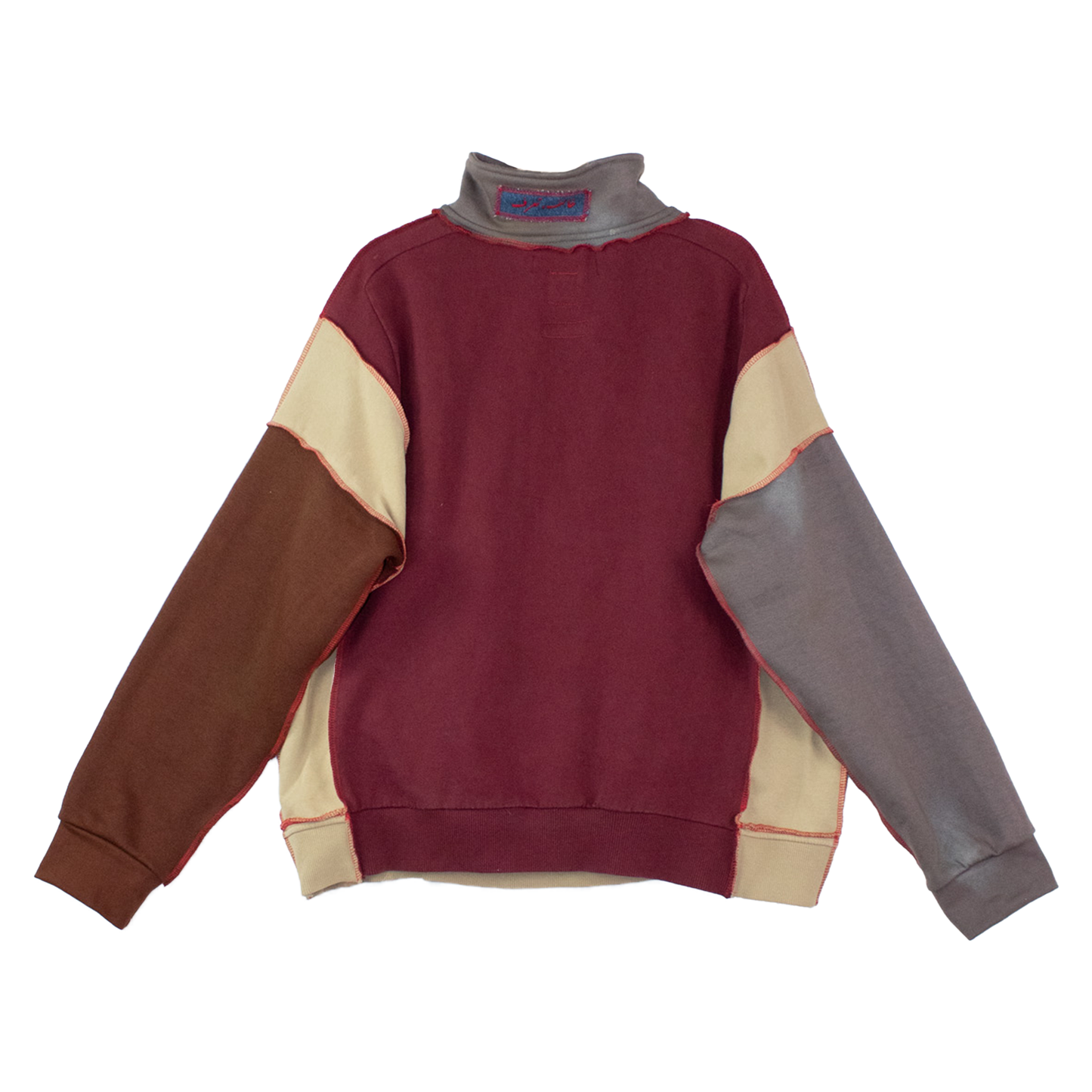 Sweat patchwork upcyclé col zippé — pièce unique coton recyclé | Noussom