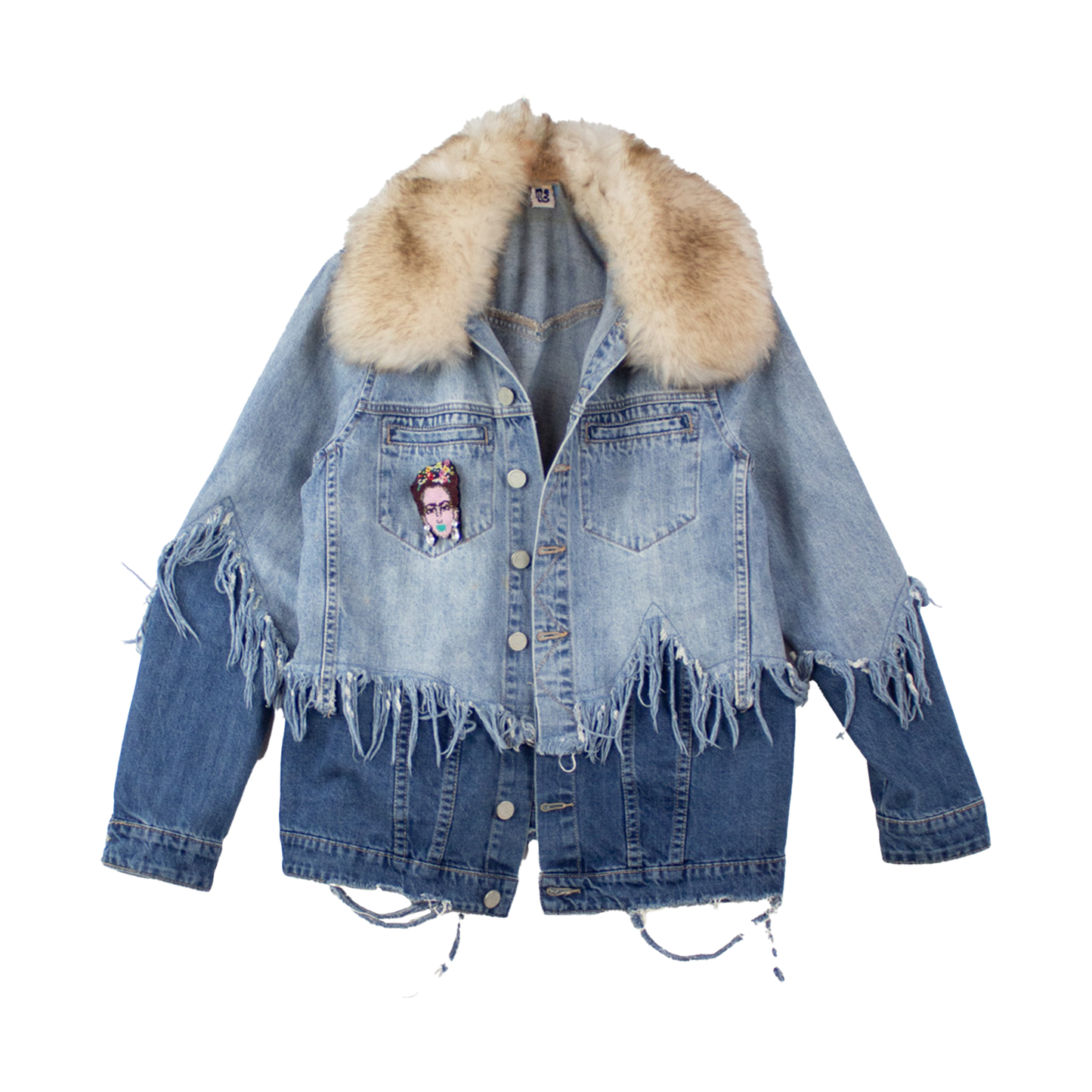 Veste en jean upcyclée col fausse fourrure — pièce unique denim recyclé | Noussom