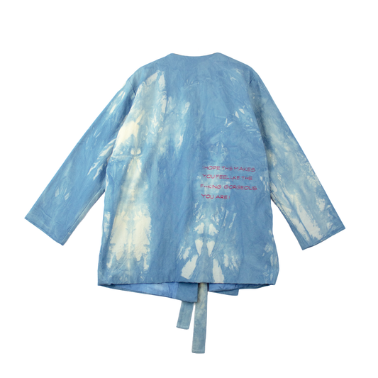 Veste kimono upcyclée tie & dye bleu — pièce unique teinte artisanale | Noussom