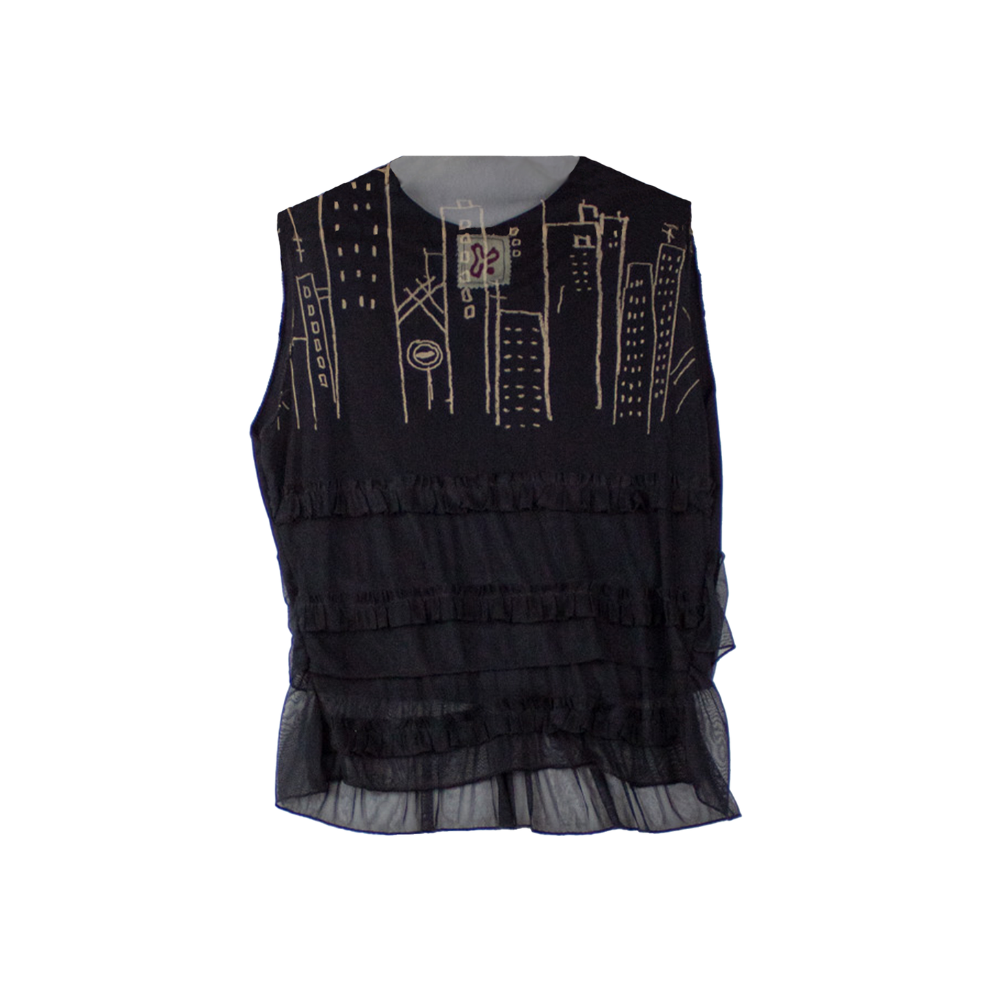Top upcyclé noir à volants — pièce unique broderie graphique | Noussom